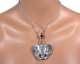 Elephant Head Necklace, Elephant Necklace, Statement Necklace, Large Elephant Pendant Necklace, Silver