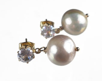 Large Freshwater Pearl Drop Earrings, CZ Post Ear Wires, Mauve Pearl Earrings, Classic Pearl Earrings, Earrings Gold, Mother of The Bride