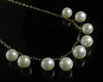 Large Pearl Necklace Gold, Real Pearl Necklace, White Pearl Bib Necklace, Gold Filled, Freshwater Pearl Necklace