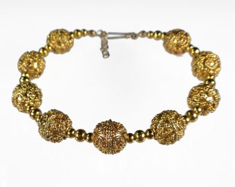 Gold Statement Bracelet, Croatian Filigree Gold Ball Bracelet, Chunky Gold Beaded Bracelet