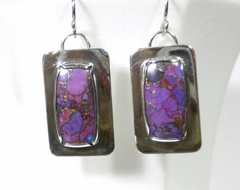 Purple Stone Earrings, Purple Copper Turquoise Designer Earrings, Mojave Turquoise Earrings, Sterling Silver, Silversmith Earrings