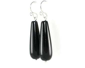 Black Onyx Dangle Earrings, Black Onyx Drop Earrings, Black Gemstone Earrings, Black Earrings, Sterling Silver Gift For Her, Casual Earrings