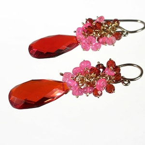 Fire Opal Quartz Cluster Earrings Red Orange Gemstone Earrings Pink Ethiopian Opal Cluster Earrings Briolette Statement Earrings Gold Filled