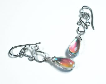 Rainbow Moonstone Quartz Earrings, Sterling Silver Moonstone Dangle Earrings, Multicolored Earring, Gemstone Earrings, Chandelier Earrings