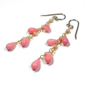 Pink Coral Earrings Gold,  Pink Dangle Earrings, Pink Cluster Earrings, Pink Cascade Earrings, Gold Filled, Angel Skin