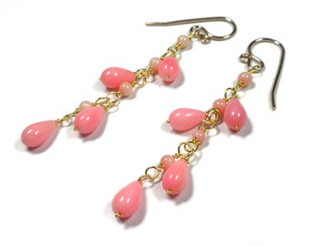 Pink Coral Earrings Gold,  Pink Dangle Earrings, Pink Cluster Earrings, Pink Cascade Earrings, Gold Filled, Angel Skin