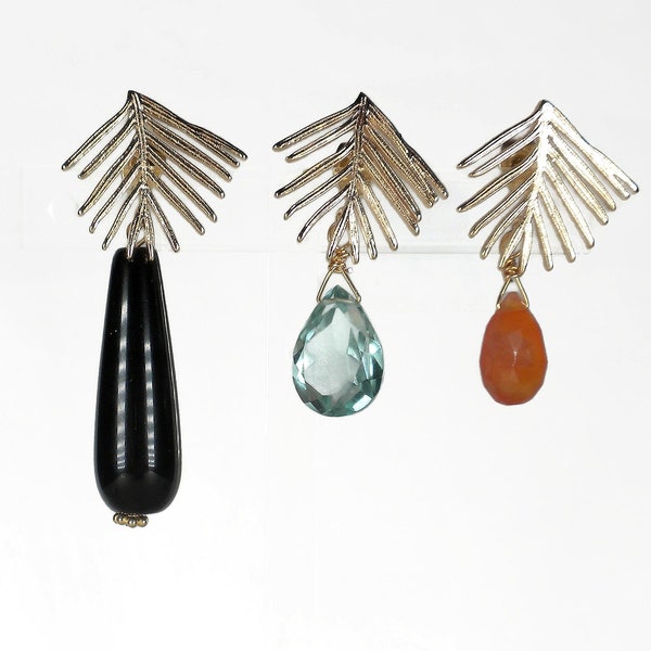 Gold Dangle Earrings, Onyx Cornelian Aquamarine Gemstone Earrings, Leaf Earrings, Drop Earrings, Multi Color Earrings,