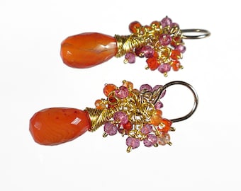 Orange and Pink Cluster Earrings, Carnelian Zircon and Crystal Earrings, Orange Pink Dangle Earrings, Gemstone Earrings, Gold Filled