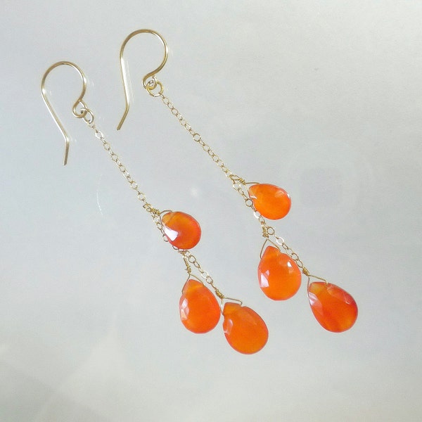 Orange earrings, Cluster earrings, Carnelian gemstone earrings, Long earrings