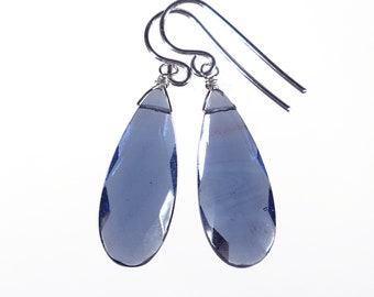 Sapphire Blue Dangle Earrings, Blue Drop Earrings, Blue Quartz Earrings, Sterling Silver, Tanzanite Blue Earrings