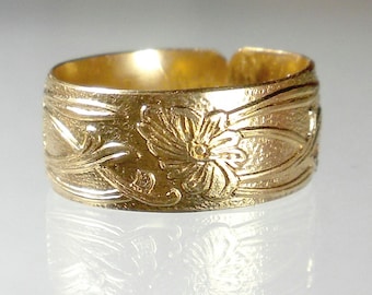 Gold Band Ring, Wide Band Ring, Patterned Gold Ring, Adjustable Gold Ring