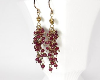 Genuine Ruby Earrings Gold, Ruby Dangle Earrings, Ruby Cluster Earrings, Ruby Tassel Earrings, Red Gemstone Earrings, July Birthstone
