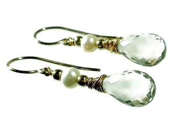 Green Amethyst Earrings Gold, Pearl and Green Amethyst Drop Earrings, Prasiolite Earrings, Gold Filled
