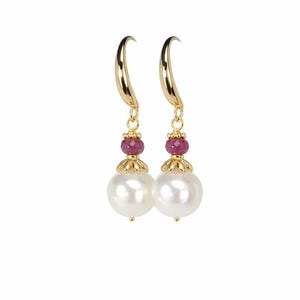 Ruby and Pearl Drop Earrings: Minimalist Gemstone Dangle Earrings, July Birthstone