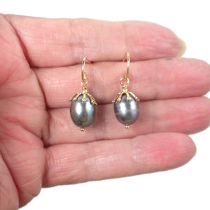 Genuine Black Pearl Earrings Gold, Real Pearl Drop Earrings, Pearl Dangle Earrings, Peacock Pearl Earrings, Gift For Her image 7