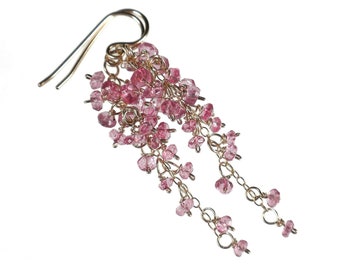 Dainty Pink Topaz Gemstone Dangle Drop Cascade Earrings, Pink Gemstone Waterfall Earrings, Long Pink Earrings, Gold Filled