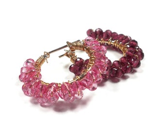 Light Or Dark Pink Crystal Hoop Earrings, Gold Filled