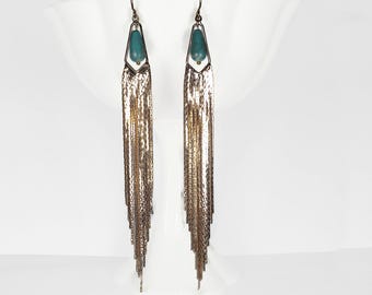 Long Gold Metal Fringe Tassel Earrings with Turquoise Briolette, Gold Statement Earrings, Chain Earrings, Dangle Earrings, Gift For Her