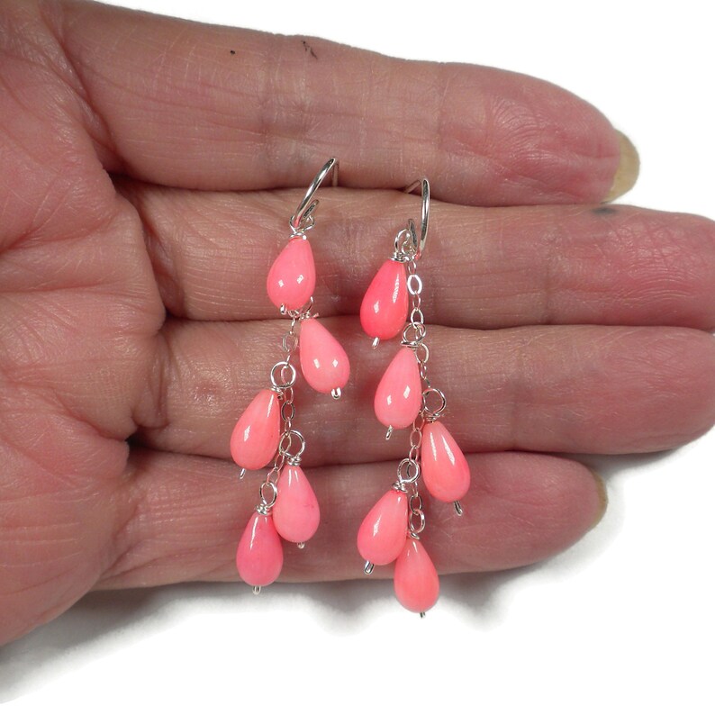 Pink Dangle Drop Earrings Pink Coral Earrings Sterling Silver Cascade Earrings Waterfall Earrings Long Casual Earrings