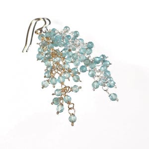 Long Aquamarine Apatite Tassel Earrings, Aqua Waterfall Earrings, Gemstone Cluster Earrings, Blue Cascade Earrings, Gold or Silver Earrings