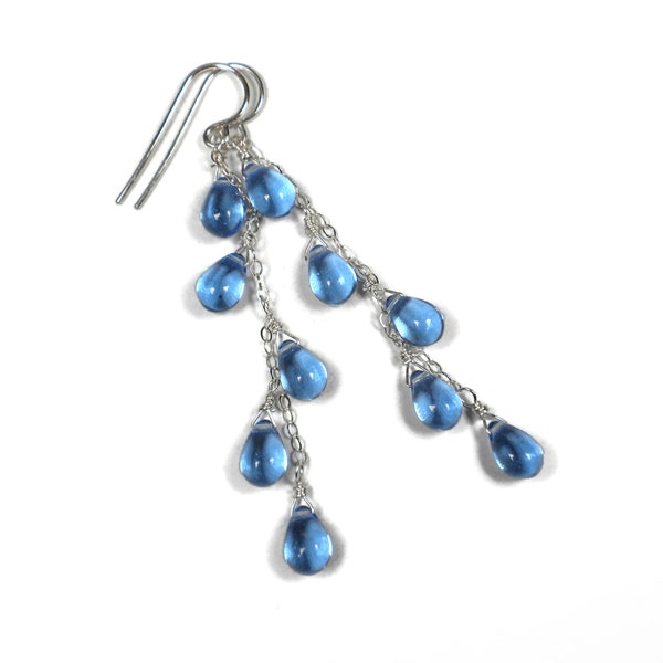 Long Blue Earrings,Sapphire Blue Dangle Earrings,Blue Cascade Waterfall Earrings,Blue Glass Earrings,Sterling Silver,Blue Briolette Earrings