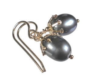 Genuine Black Pearl Earrings Gold, Real Pearl Drop Earrings, Pearl Dangle Earrings, Peacock Pearl Earrings, Gift For Her