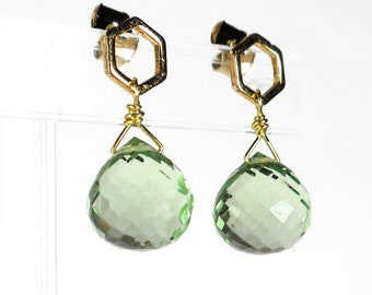 Sage Green Gemstone Earrings, Green Amethyst Quartz Dangle Drop Earrings, Small Dainty Earrings, Stud Post Earrings, Gold