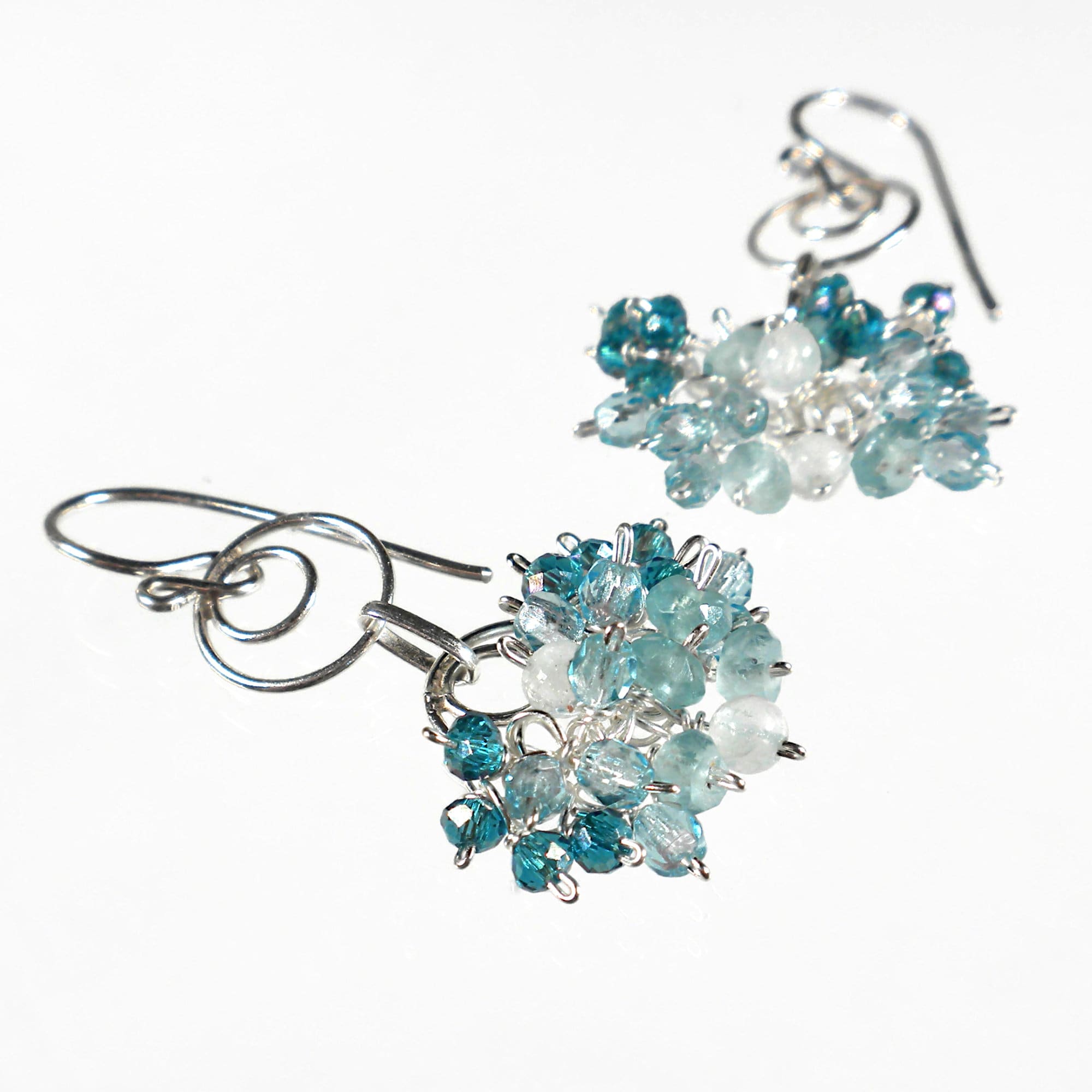 Dainty Aqua Gemstone Cluster Earrings,  Blue Dangle Hoop Earrings, Aquamarine Apatite Glass and Crystal Earrings, Sterling Silver