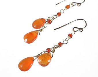 Orange Carnelian Earrings, Orange Gemstone Earrings, Long Dangle Earrings, Gold Filled