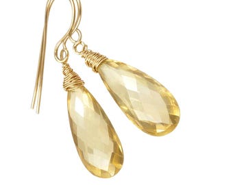 Honey Yellow Dangle Drop Earrings, Yellow Gemstone Earrings, Yellow Quartz Earrings, Wire Wrapped Gold Filled Earrings