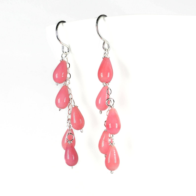 Pink Dangle Drop Earrings Pink Coral Earrings Sterling Silver Cascade Earrings Waterfall Earrings Long Casual Earrings