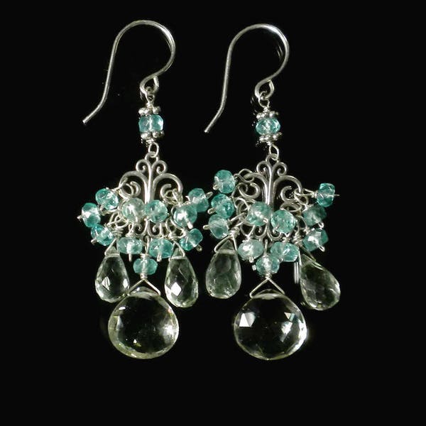 Apatite and Green Amethyst Earrings Amethyst Chandelier Earrings Sterling Silver Chandelier Earrings SALE