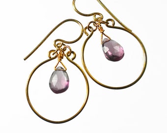 Amethyst Drop Earrings, Purple Hoop Earrings, Amethyst Quartz Earrings, Gold or Sterling Silver