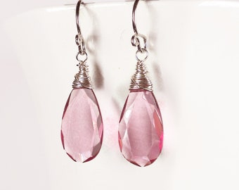 Tourmaline Pink Quartz Earrings, Pink Drop Earrings, Pink Dangle Earrings, Pink Briolette Earrings, Wire Wrapped, Sterling Silver