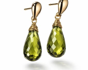 Peridot Green Drop Earrings, Olive Green Earrings Gold, Long Green Earrings Dangle, Stud Post Earrings, Green Gemstone Earrings Gift For Her