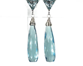 Aquamarine Earrings, Dangle Drop Blue Quartz Earrings, Aquamarine Briolette Earrings, Statement Earrings, Gift For Her, Silver