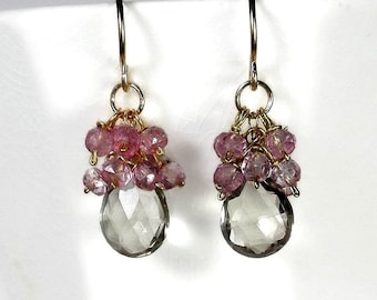 Pink and Brown Earrings, Gemstone Cluster Earrings, Smoky Quartz Earrings, Pink Topaz Earrings, Gold Filled