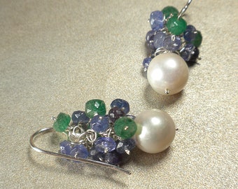 Tanzanite, Sapphire, Emerald and Pearl Cluster Earrings, Pearl Dangle Drop Earrings, Gemstone Earrings, Sterling Silver