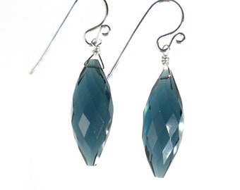 Sapphire Blue Earrings, Blue Gemstone Earrings, Navy Blue Earrings, Blue Drop Dangle Earrings, Sterling Silver, Quartz