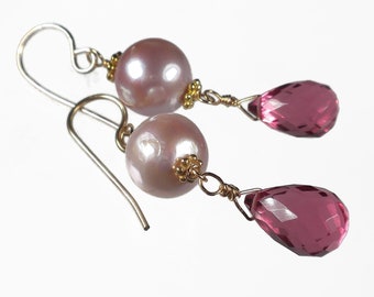 Blush Pink Pearl and Pink Quartz Teardrop Earrings, Dangle Earrings, Drop Earrings, Gemstone Earrings, Gold