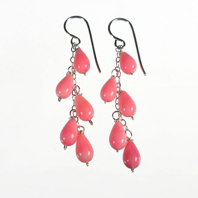 Pink Dangle Drop Earrings Pink Coral Earrings Sterling Silver Cascade Earrings Waterfall Earrings Long Casual Earrings