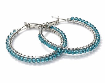 Blue Crystal Hoop Earrings Silver, Blue Hoop Earrings, Wire Wrapped, Sterling Silver