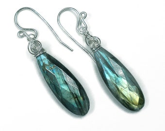 Labradorite Earrings, Gemstone Drop Earrings, Dangle Earrings, Statement Earrings, Gift For Her, Sterling Silver Wire Wrapped