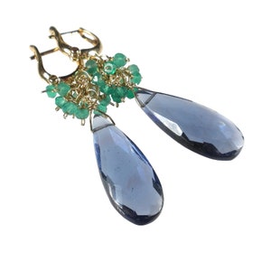 Sapphire Blue Quartz Teardrop Earrings: Green Onyx, Gold Filled