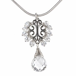 Collar con colgante de cristal de roca estilo Art Déco, collar nupcial de cristal, delicado y elegante collar colgante, plata de ley, regalo para ella.