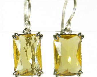 Small Emerald Cut Crystal Earrings, Dainty Silver-Plated Rectangle Yellow Earrings, Prong Set Earrings