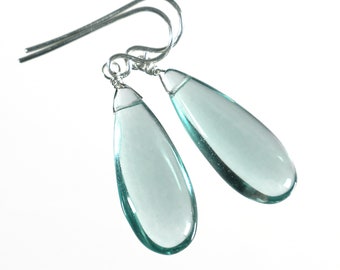 Smooth Aquamarine Drop Earrings, Large Aqua Earrings, Aquamarine Dangle Earrings, Sterling Silver, Aqua Quartz Earrings, Teardrop Earrings