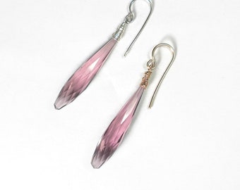 Pink Dangle Earrings, Pink Quartz Earrings, Long Pink Earrings, Sterling Silver or Gold Filled, Wire Wrapped