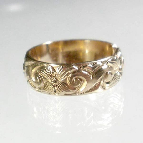 Gold Band Ring, Wide Band Ring, Adjustable Ring, Gold Patterned Ring, Gold Scroll Ring