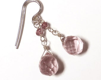 Small Pink Crystal Earrings, Pink Tourmaline Gemstone Earrings, Dainty Earrings Sterling Silver, Pink Drop Earrings
